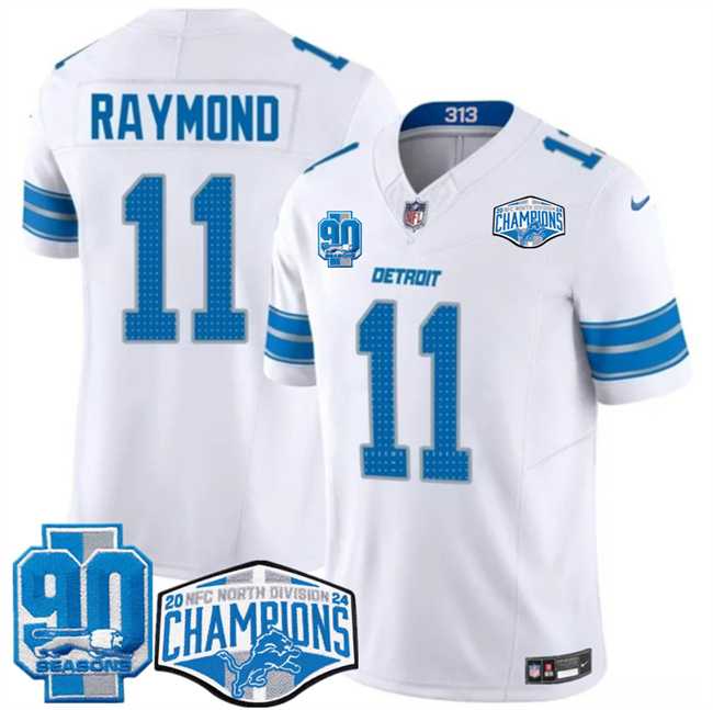 Men%27s Detroit Lions #11 Kalif Raymond White 2024 NFC North Champions 90th Anniversary Patch F.U.S.E. Vapor Limited Stitched Jersey